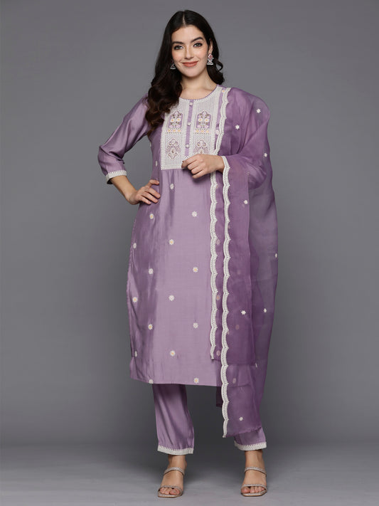 Indo Era Lavender Embroidered Straight Kurta Trousers With Dupatta Set