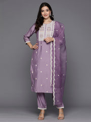 Indo Era Lavender Embroidered Straight Kurta Trousers With Dupatta Set