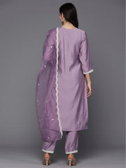 Indo Era Lavender Embroidered Straight Kurta Trousers With Dupatta Set