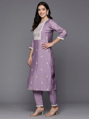 Indo Era Lavender Embroidered Straight Kurta Trousers With Dupatta Set