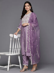 Indo Era Lavender Embroidered Straight Kurta Trousers With Dupatta Set