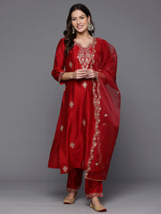 Indo Era Red Embroidered Straight Kurta Trousers With Dupatta Set