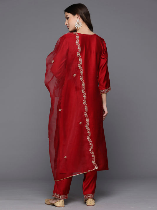 Indo Era Red Embroidered Straight Kurta Trousers With Dupatta Set