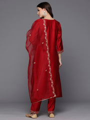 Indo Era Red Embroidered Straight Kurta Trousers With Dupatta Set