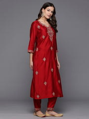 Indo Era Red Embroidered Straight Kurta Trousers With Dupatta Set