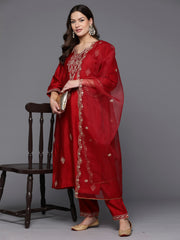 Indo Era Red Embroidered Straight Kurta Trousers With Dupatta Set