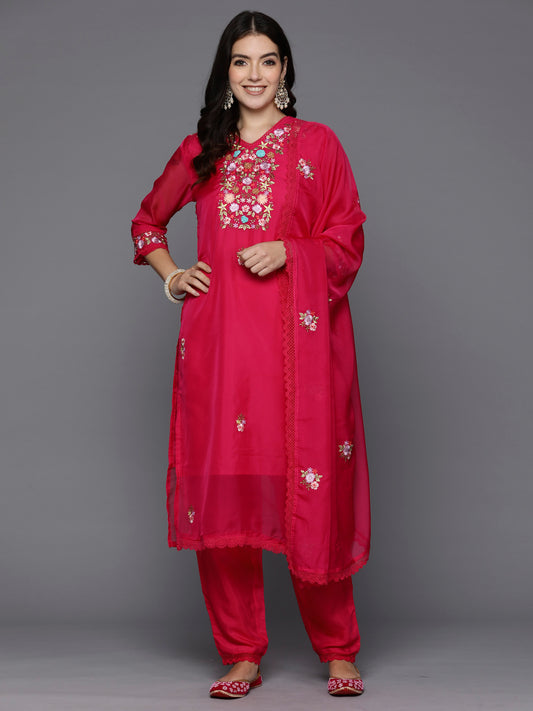 Indo Era Magenta Embroidered Straight Kurta Trousers With Dupatta set