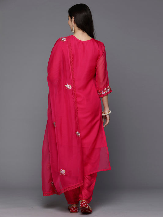 Indo Era Magenta Embroidered Straight Kurta Trousers With Dupatta set