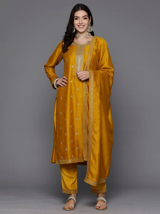 Indo Era Yellow Embroidered Straight Kurta Trousers With Dupatta Set