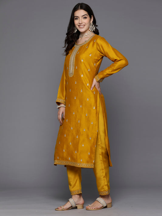 Indo Era Yellow Embroidered Straight Kurta Trousers With Dupatta Set