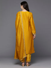 Indo Era Yellow Embroidered Straight Kurta Trousers With Dupatta Set