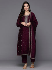 Indo Era Burgundy Embroidered Straight Kurta Trousers With Dupatta Set