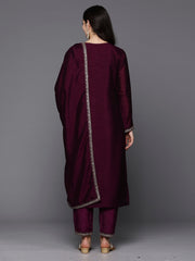 Indo Era Burgundy Embroidered Straight Kurta Trousers With Dupatta Set