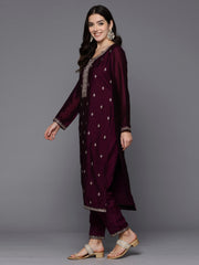 Indo Era Burgundy Embroidered Straight Kurta Trousers With Dupatta Set