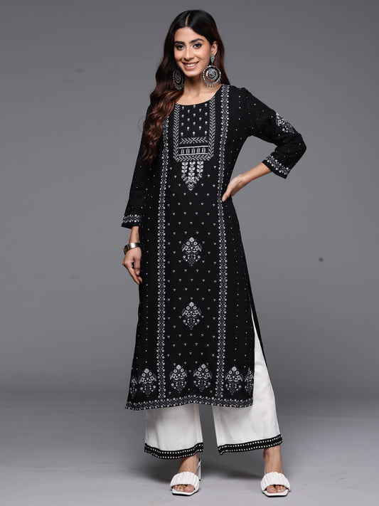 Indo Era Black Printed Straight Kurtas