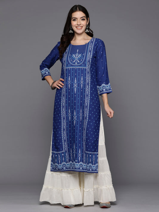 Indo Era Blue Printed Straight Kurtas