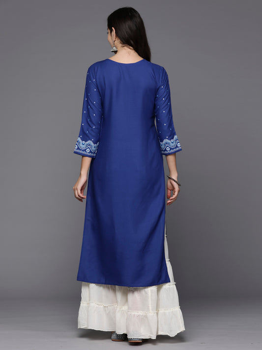 Indo Era Blue Printed Straight Kurtas