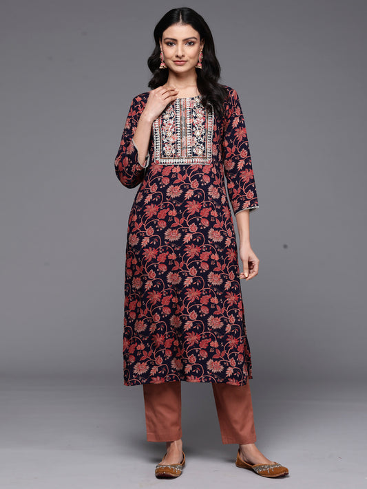 Indo Era Navy Blue Printed Straight Kurtas