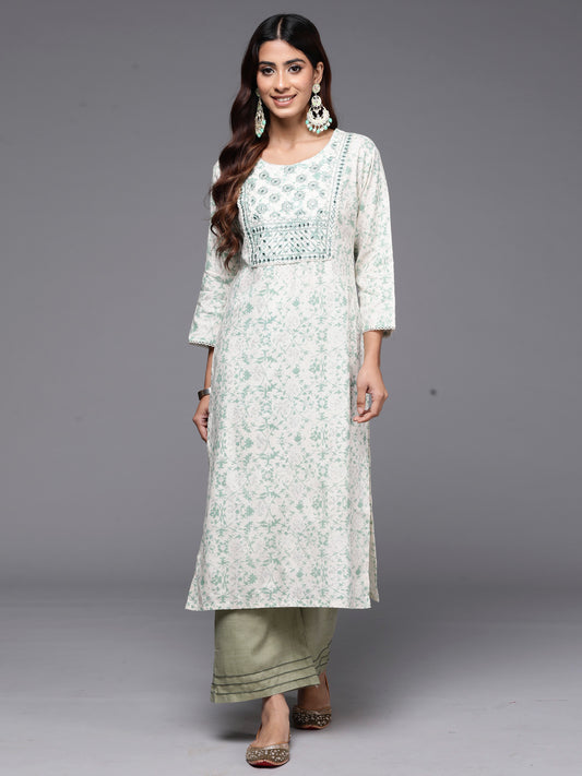 Indo Era Off White Printed Straight Kurtas