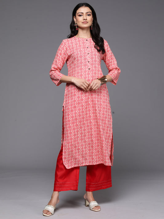 Indo Era Peach Printed Straight Kurtas