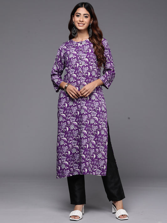 Indo Era Purple Printed Straight Kurtas