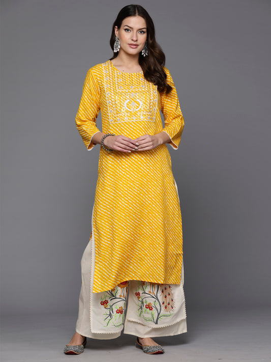 Indo Era Yellow Printed Straight Kurtas