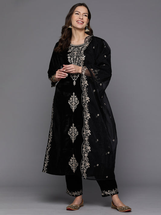 Indo Era Black Embroidered Straight Kurta Trousers With Dupatta set