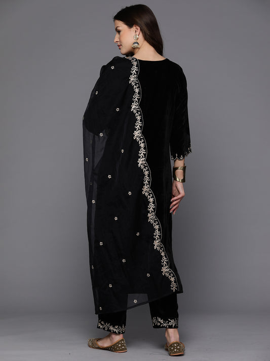 Indo Era Black Embroidered Straight Kurta Trousers With Dupatta set