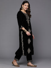 Indo Era Black Embroidered Straight Kurta Trousers With Dupatta set