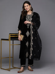 Indo Era Black Embroidered Straight Kurta Trousers With Dupatta set