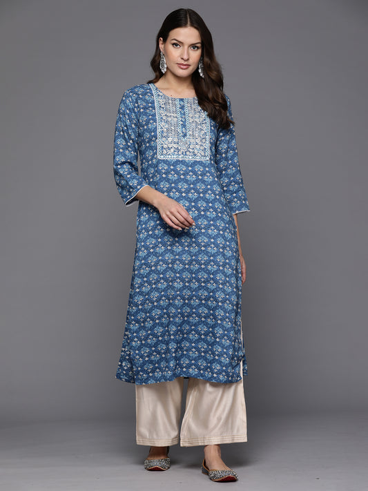 Indo Era Blue Printed Straight Kurtas