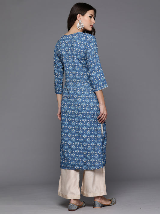 Indo Era Blue Printed Straight Kurtas