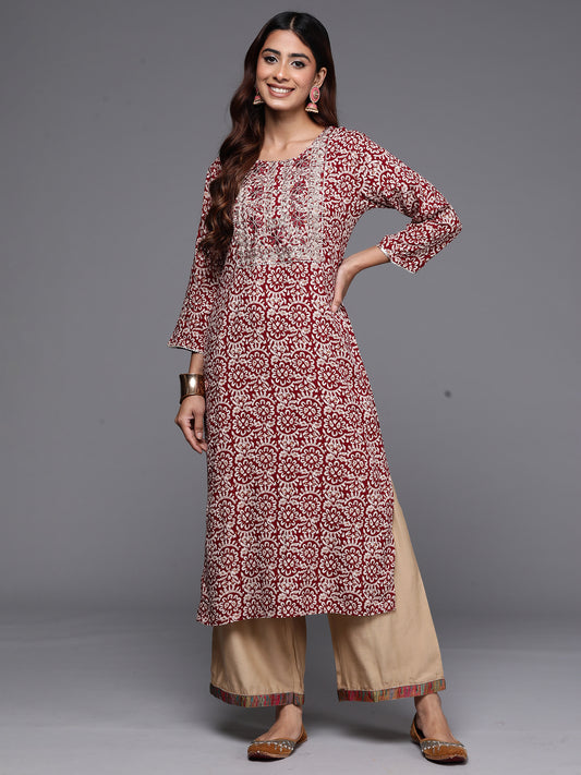 Indo Era Maroon Printed Straight Kurtas