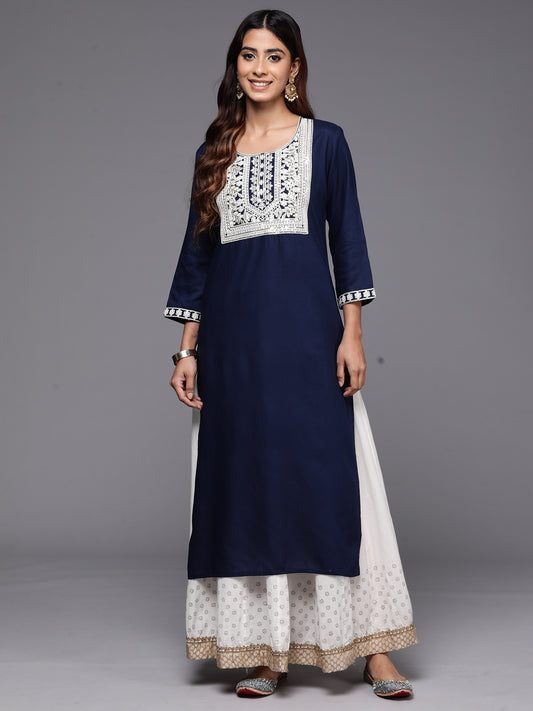 Indo Era Navy Blue Embroidered Straight Kurtas