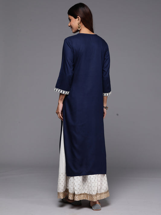 Indo Era Navy Blue Embroidered Straight Kurtas