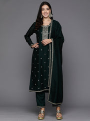 Indo Era Green Embroidered Straight Kurta Trousers With Dupatta Set