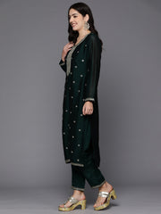 Indo Era Green Embroidered Straight Kurta Trousers With Dupatta Set