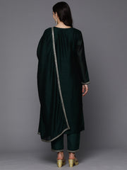 Indo Era Green Embroidered Straight Kurta Trousers With Dupatta Set