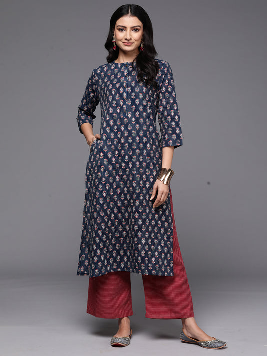 Indo Era Blue Printed Straight Kurtas