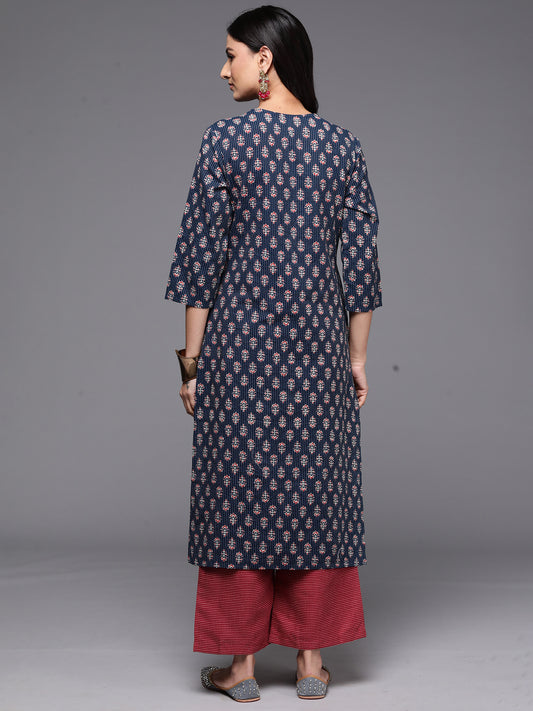 Indo Era Blue Printed Straight Kurtas