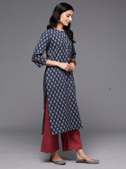 Indo Era Blue Printed Straight Kurtas