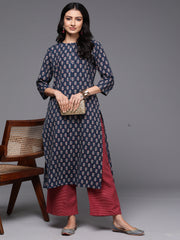 Indo Era Blue Printed Straight Kurtas