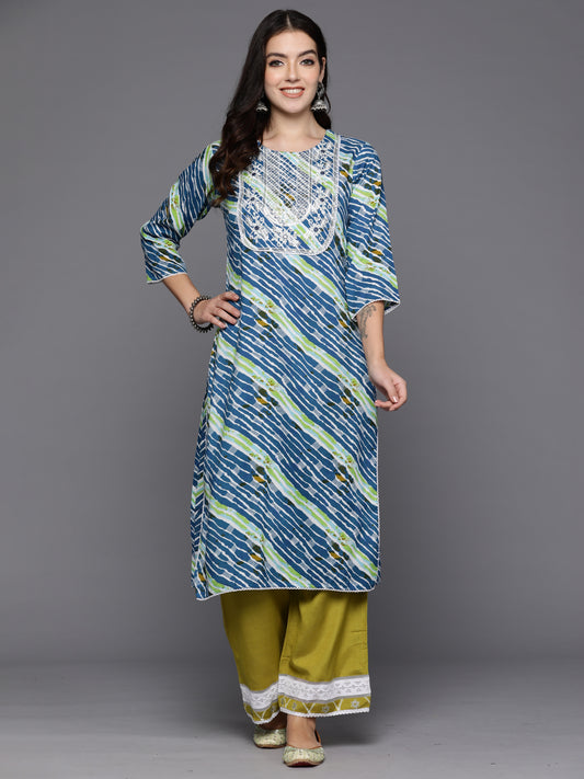 Indo Era Blue Printed Straight Kurtas