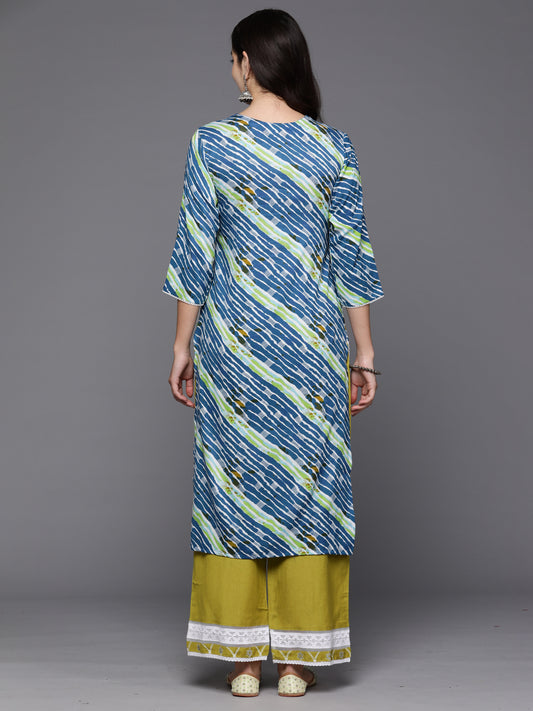 Indo Era Blue Printed Straight Kurtas