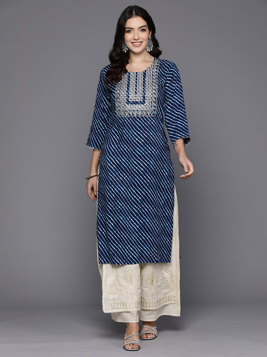 Indo Era Blue Printed Straight Kurtas