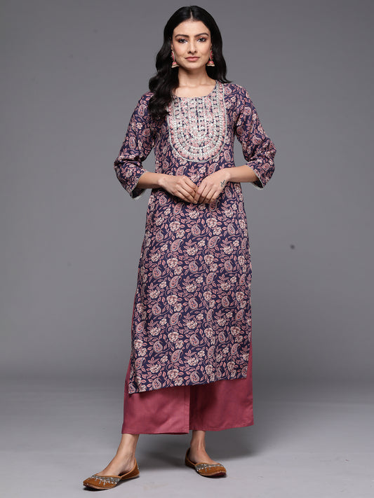 Indo Era Navy Blue Printed Straight Kurtas