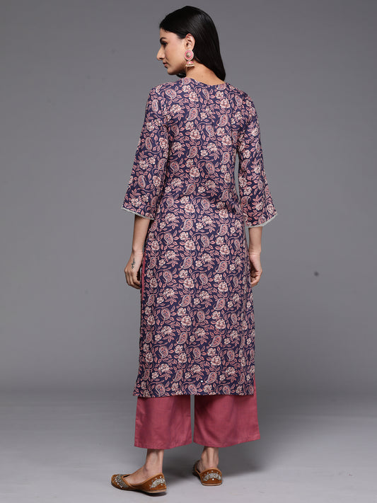 Indo Era Navy Blue Printed Straight Kurtas