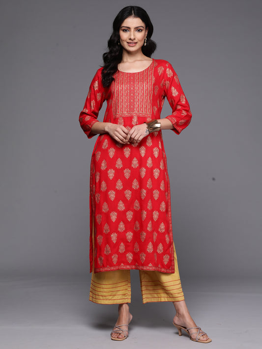 Indo Era Red Printed Straight Kurtas