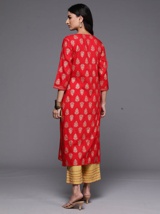 Indo Era Red Printed Straight Kurtas