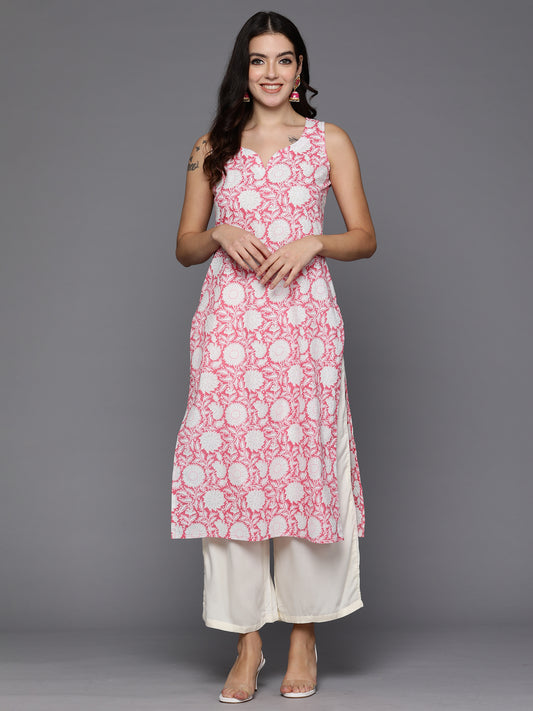 Indo Era Pink Printed Straight Kurtas